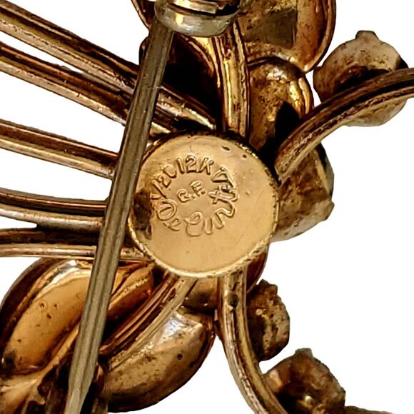 DeCurtis USA 12K GF Floral Swirl Rhinestone Brooch • 1940s • Convertible - Picture 3 of 6
